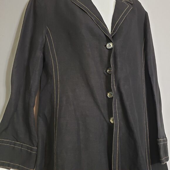 Rena Rowan Womens Size 8 Black Jacket Yellow Top Stitching 4 Buttons Linen Blend - Picture 4 of 12